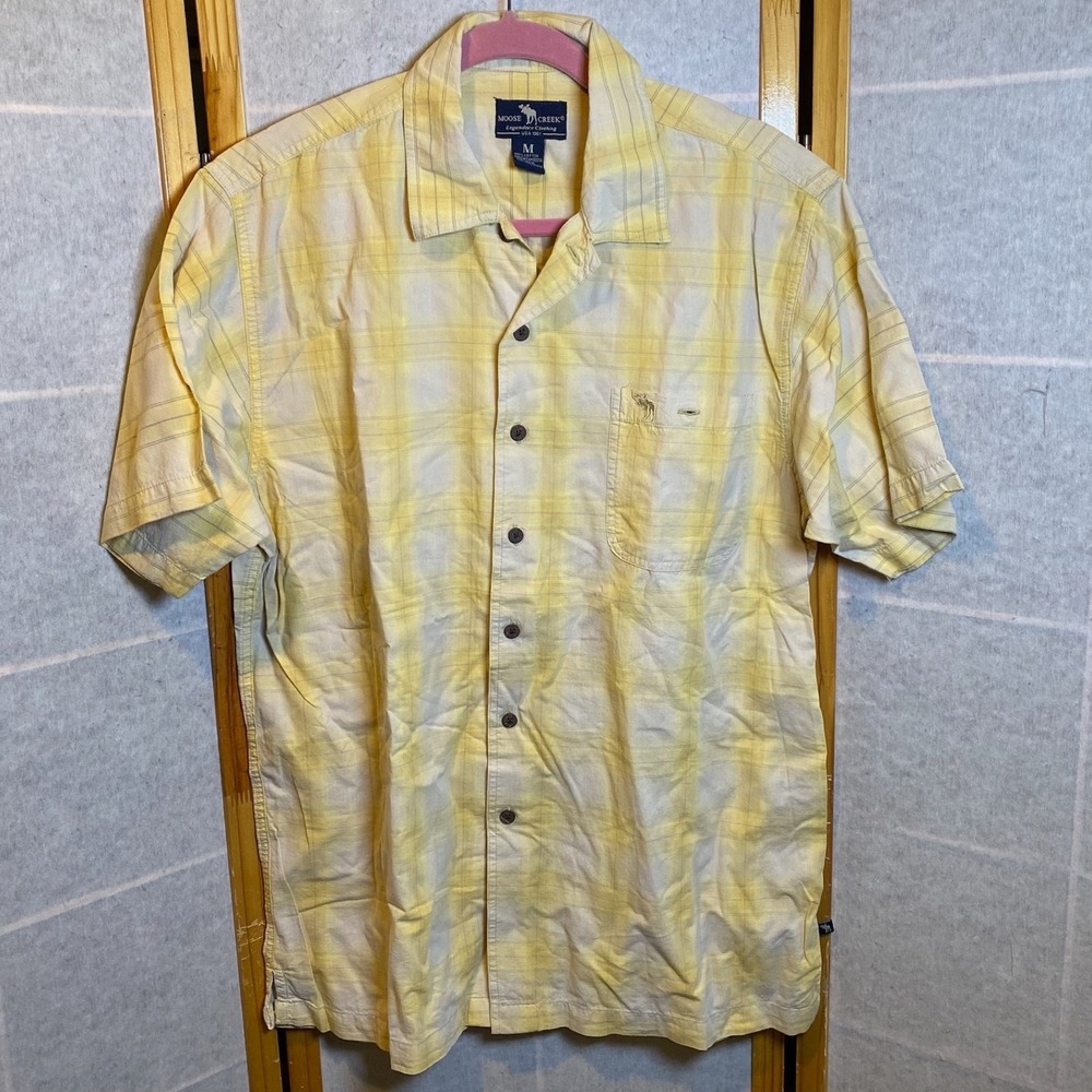 Moose Creek Mens Plaid Short‎ Sleeve Button Down Shirt Yellow Cotton Size Medium